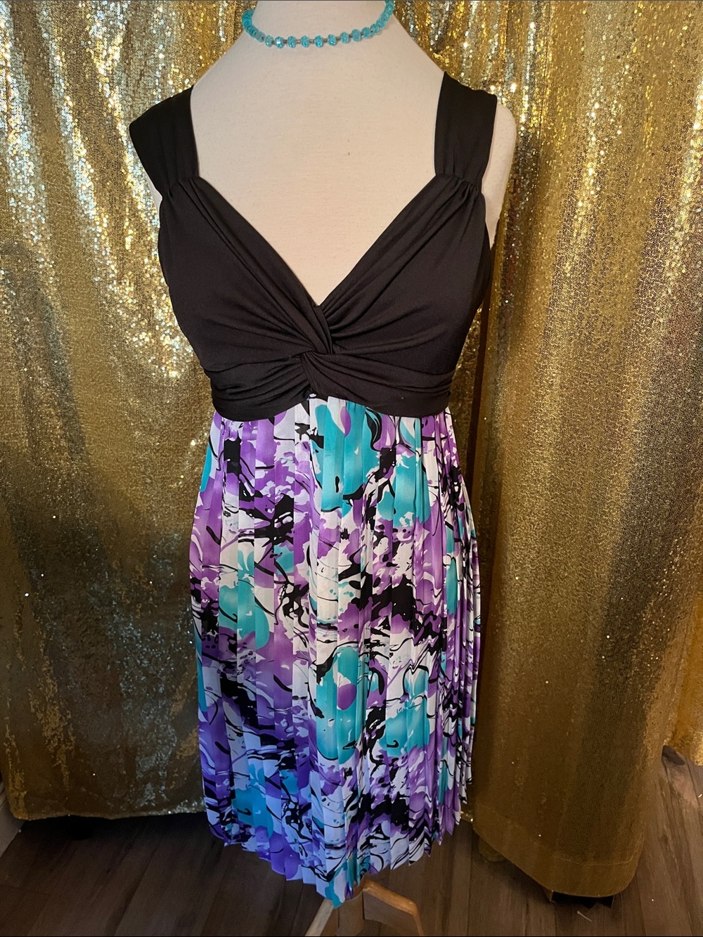 Essentials by Milano Black Bodice with Purple & Teal Floral Pleated Midi Dress